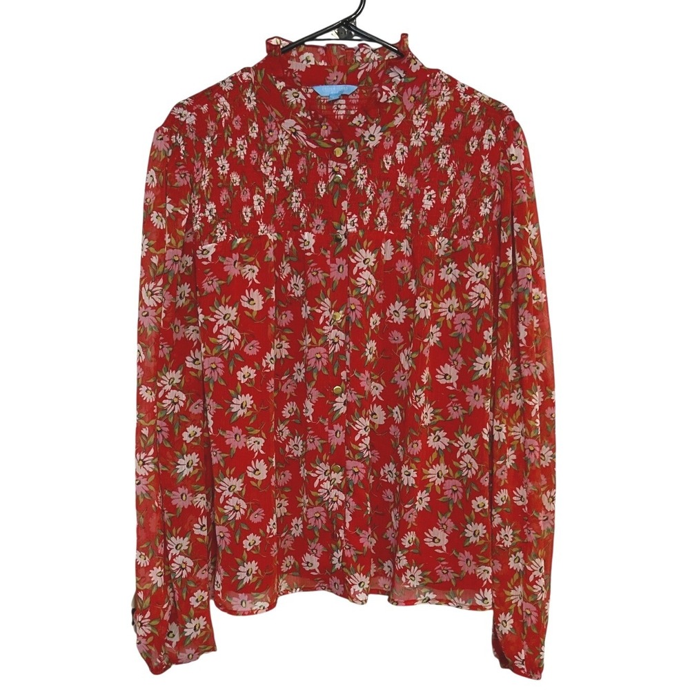 Draper James Red Floral Button‎ Down Blouse XXL Long Sleeve